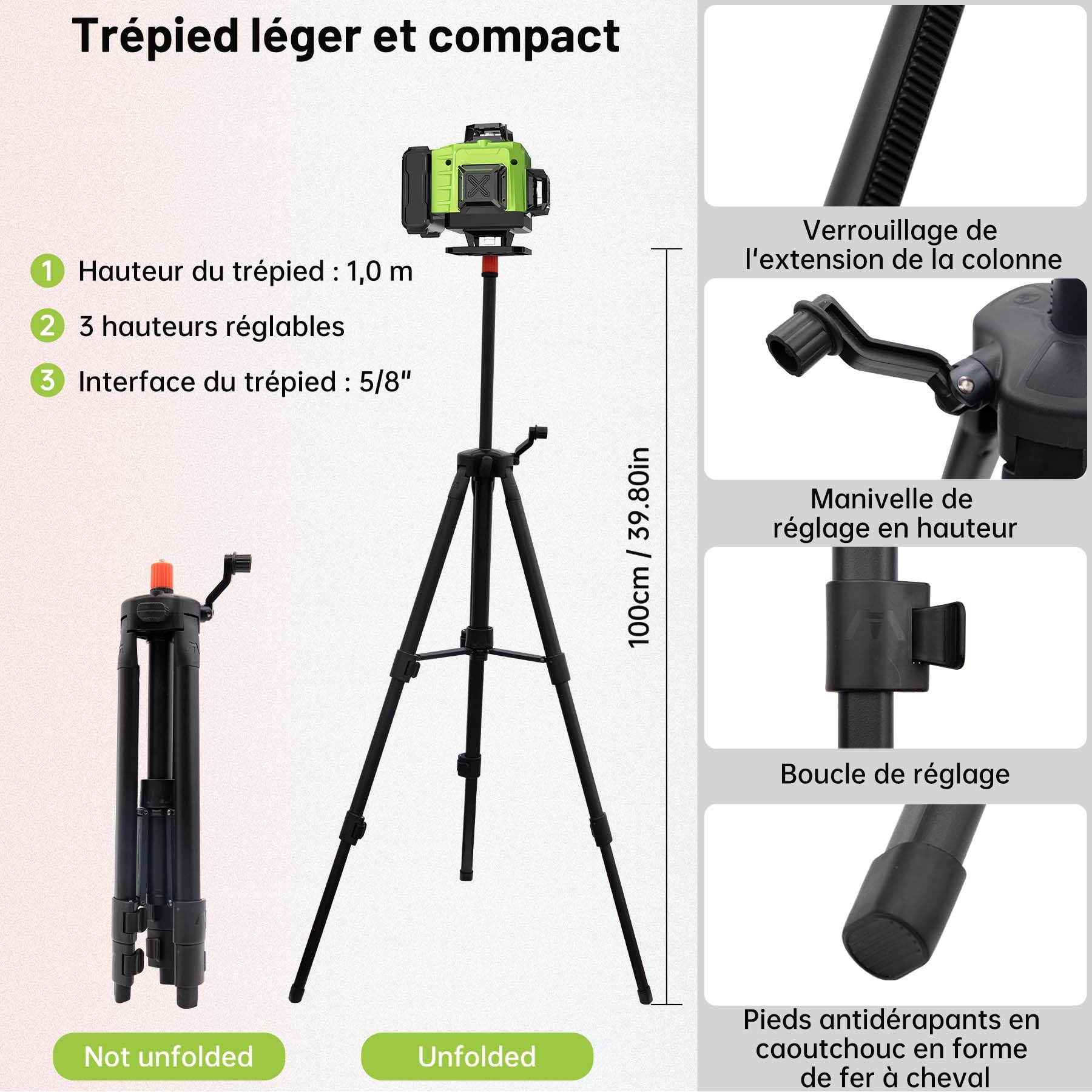 Niveau Laser Chantier Autonivelant 4 x 360°, 4D 16 Lazer Niveaux avec Trepied, Batterie Rechargeable, avec Support Mural, pour Décoration Intérieure, IP54 Étanche et Anti-Poussière