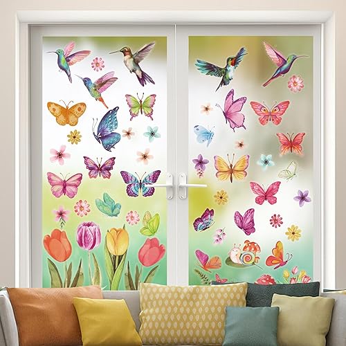 Miniatura 3 de AUGSUN 83 calcomanías de primavera para ventana, diseño de flores de mariposa para decoración de primavera, calcomanías de ventana de primavera para
