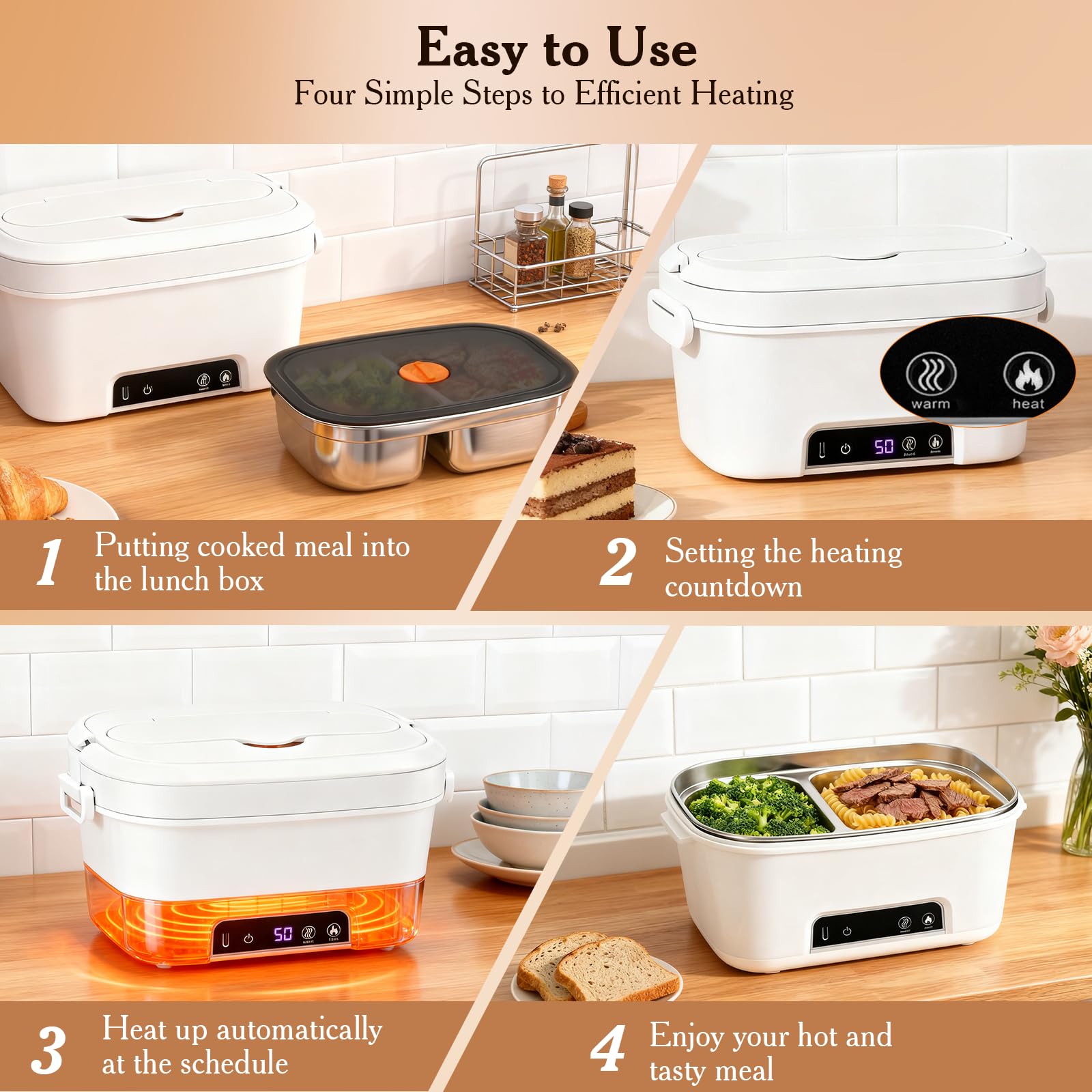 Scatola da Pranzo Elettrica Senza Fili, Scaldavivande Elettrico con Posate e Borsa Termica, A prova di perdite, 15600 mAh, 1,5L portapranzo riscaldato ricaricabile in acciaio inox per Auto, ufficio