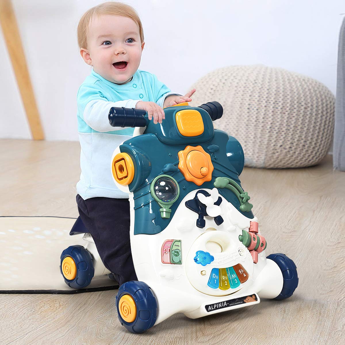 COSTWAY 3 in 1 Primi Passi Cavalcabile Spingibile, Giocattolo Educativo con Musica e Luci, con 4 Ruote Antiscivolo, Ideale per Bambini 6-36 Mesi (Blu)