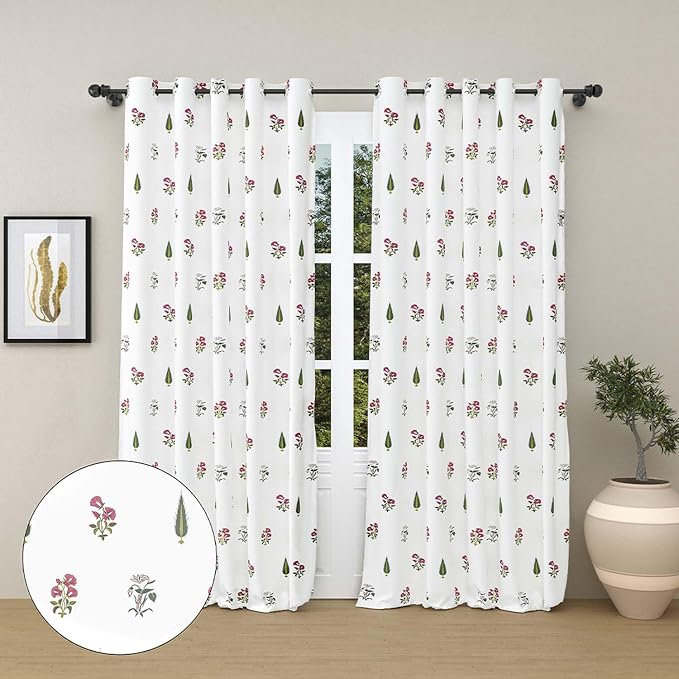Printed Cotton Curtains Set of 2 for Bedroom Semi Sheer Living Room | Decorative Window Door Curtains