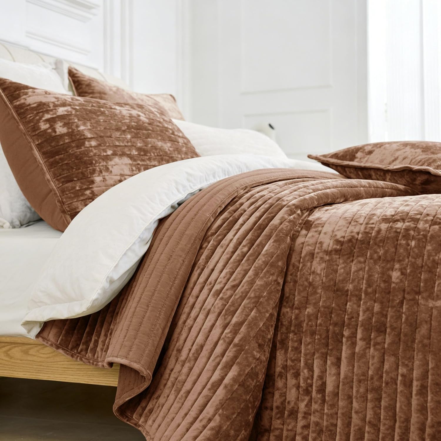 Velvet Quilt Set Oversized King Size 3 Piece Bedding Set 120x128 Bedspread with 2 Pillow Shams Luxurious Soft Striped Quilted Coverlet for All Seasons,Caramel