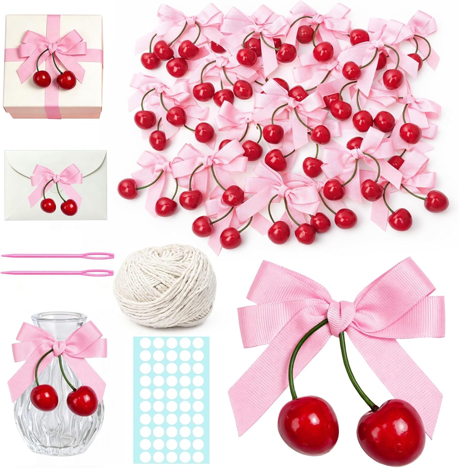 50Pcs Pink Cherry Bow Decor Set, DIY Cherry Party Decorations with Rope & Tapes, Shes the Cherries on Top Party for Baby Shower, Wedding, Birthday & Home Decor