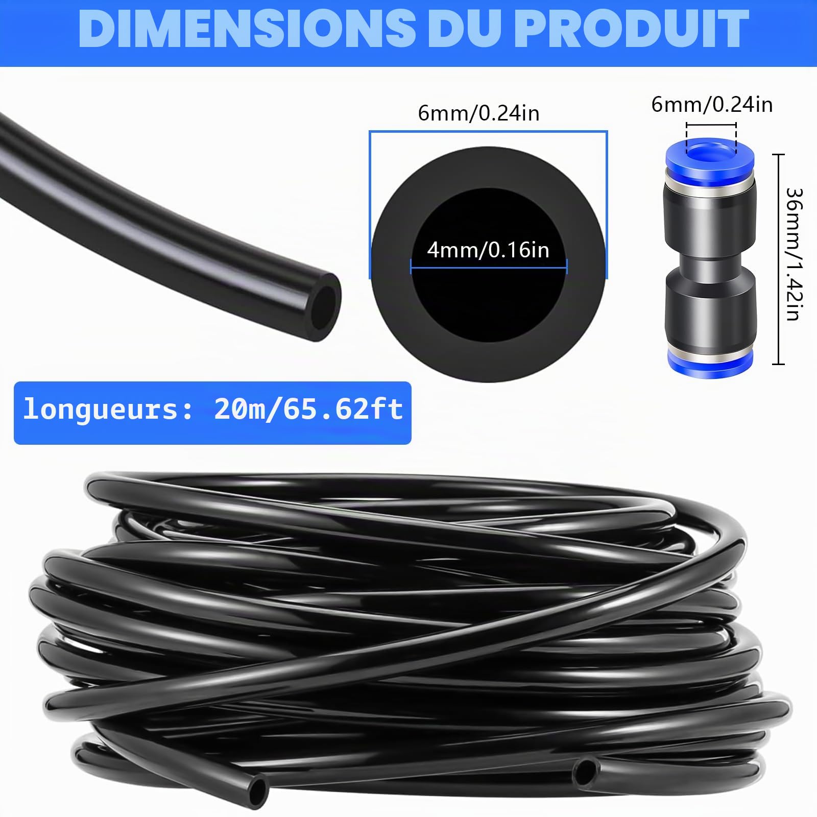 20m Tuyau Pneumatique, Tuyau Pneumatique 6mm avec 4 Connecteurs Pneumatiques, pour Equipements Pneumatiques, Industriels et Domestiques (Noir)