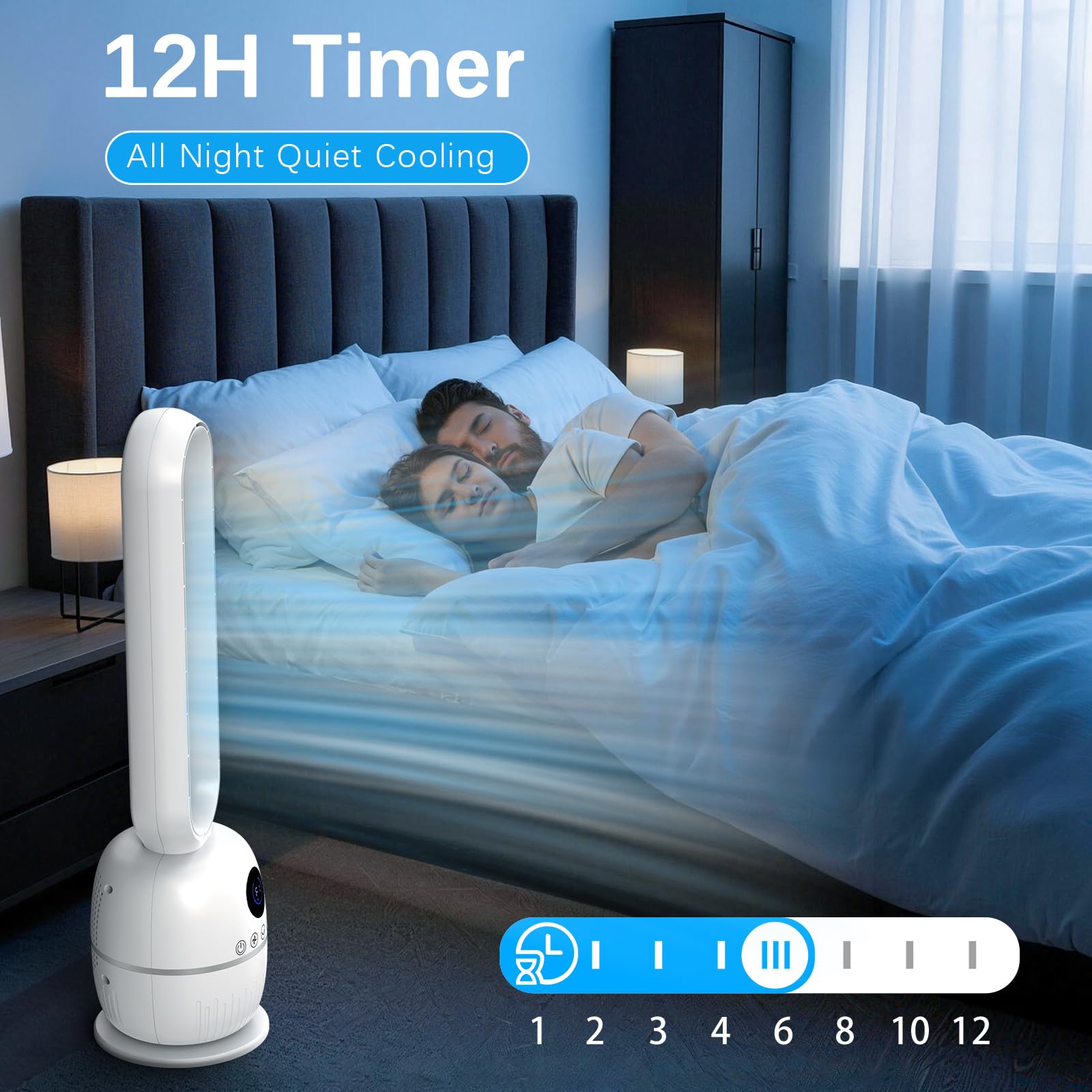 Ventilatore a Torre Senza Pale, 90CM Ventilatore Senza Pale, Motore DC, 12 Velocità, 12H Timer, Telecomando, Display LED, Oscillazione Automatica 60°