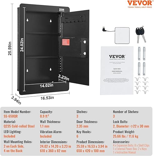 Miniatura 7 de VEVOR Caja fuerte de pared oculta de 25.59 pulgadas de alto, acceso por teclado, caja fuerte de seguridad de 3 niveles, incluye 3 estantes