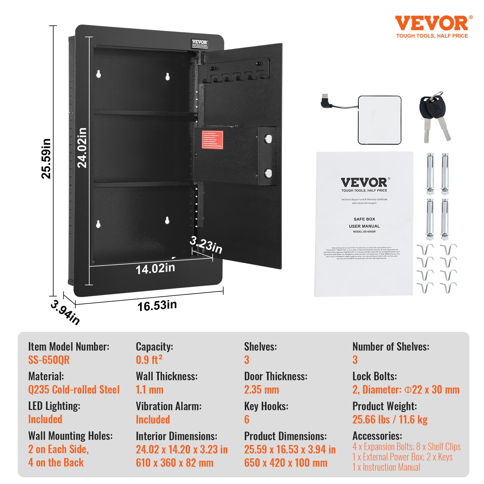 VEVOR Cassaforte da Muro 650x420x100 mm Cassaforte con 3 Livelli 3 Ripiani Rimovibili Luce LED Allarme a Vibrazione, Tastiera Impronta Digitale per Passaporti Armi Lunghe Gioielli Contanti Documenti