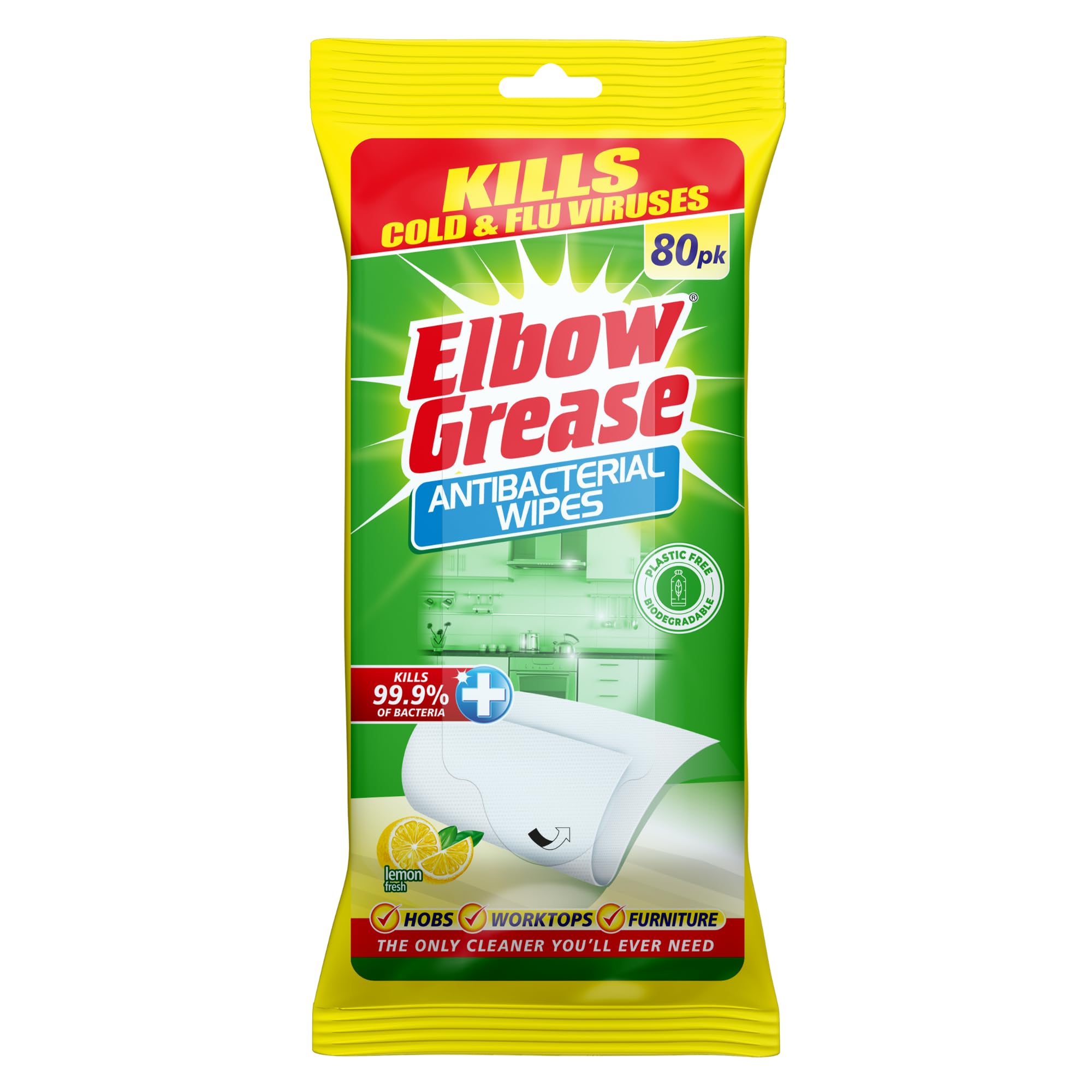 480x Elbow Grease Anti-Bacterial Surface Wipes Kitchen Hob Worktops - Lemon