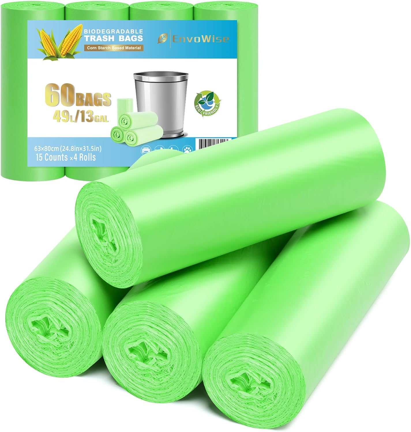 Biodegradable Trash bags – Tall 13Gallon, 60 Counts, Thickened 1.4 Mil – Eco Friendly, Unscented, Strong Garbage Bags/Bin Liner for Household/Garden/Office | Compostable Garbage Bag by EnvoWise