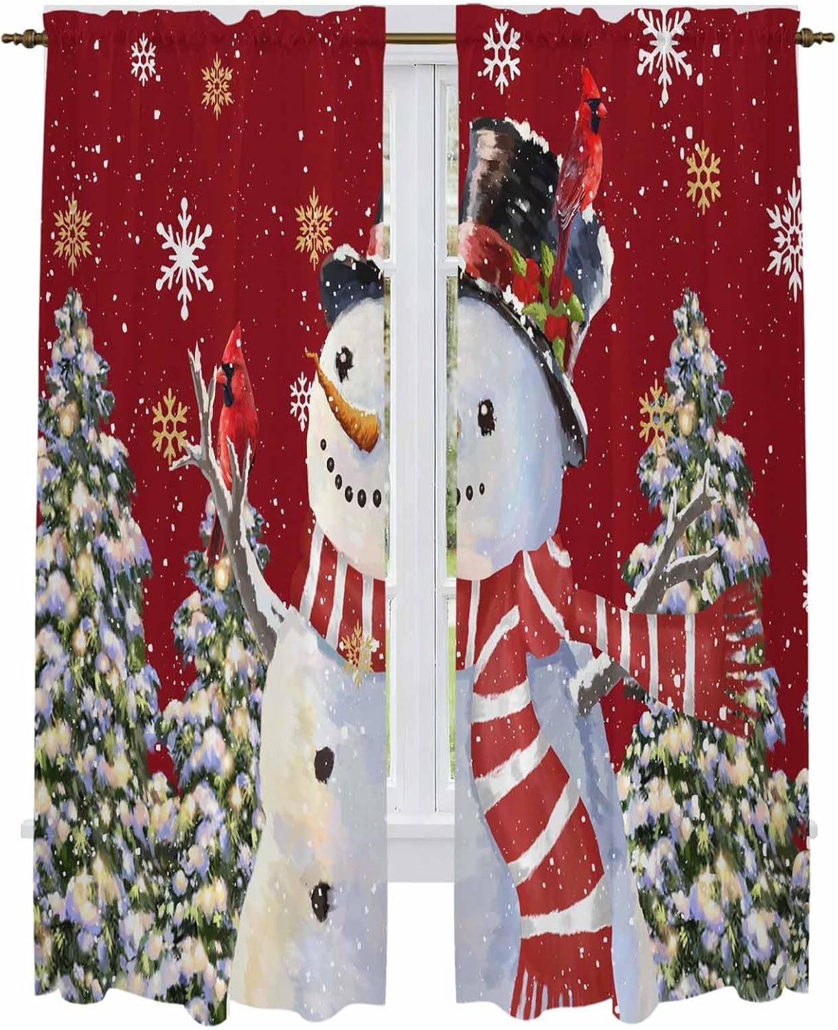 Red Snowman Window Curtains 72 Inch Long 2 Panel Set, Rod Pocket Long Curtains & Drapes, Christmas Tree Snowflake Winter Holiday Light Filtering Window Treatment for Bedroom Living Room 52"W x 72"L