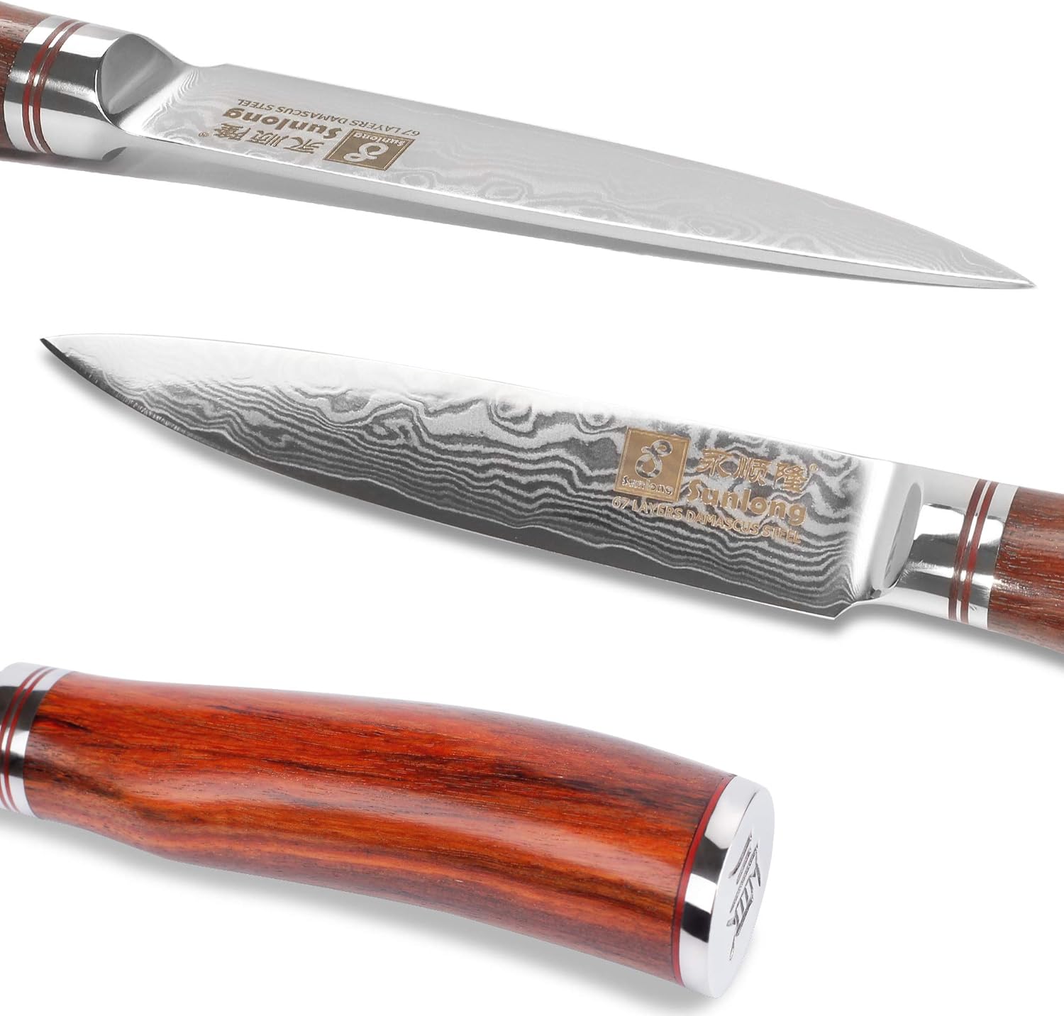 SUNLONG Utility Knife 5inch Kitchen Knives - Japanese Hammered Damascus Steel Blade - Naturel Rosewood Handle