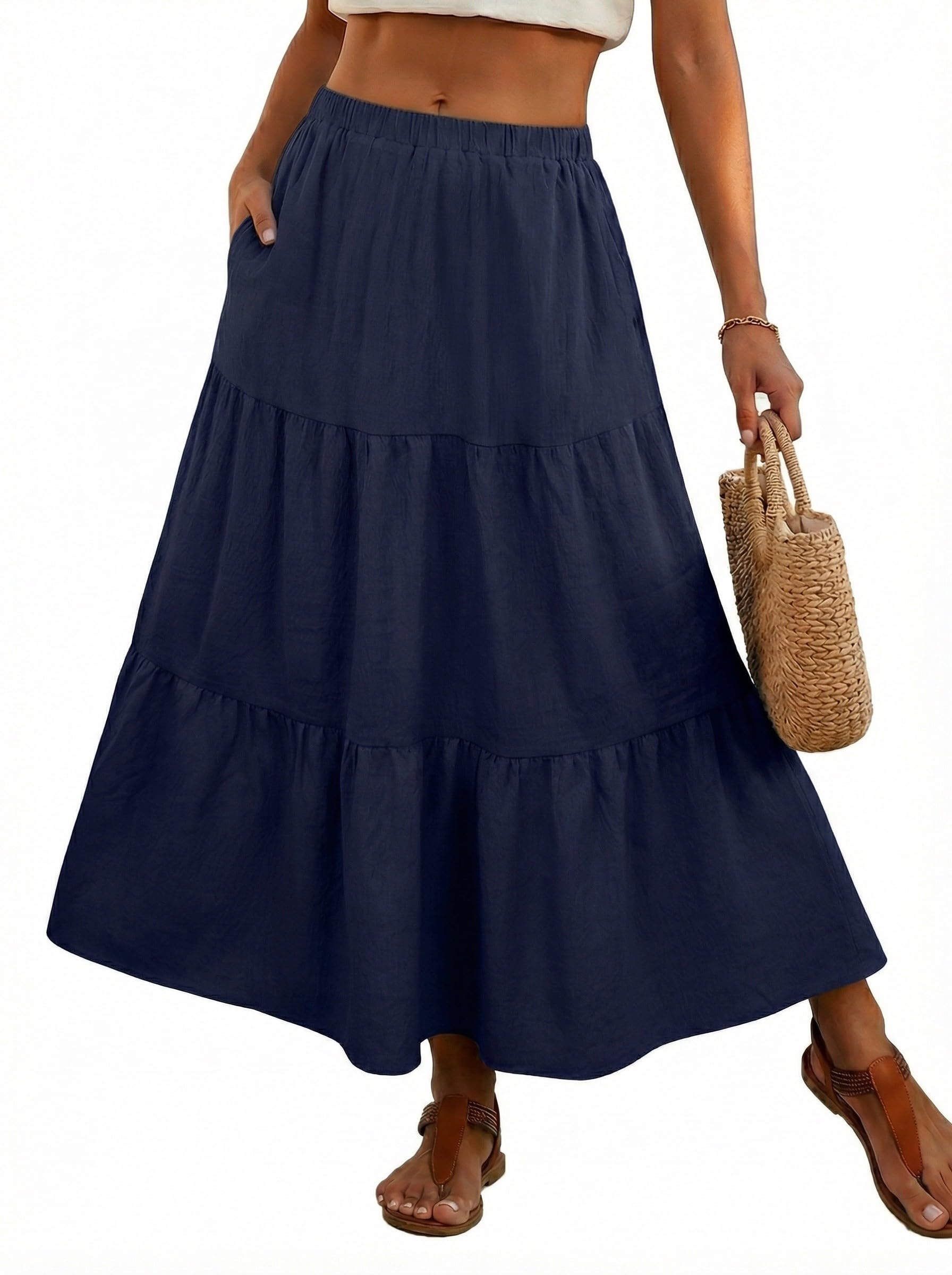 PrinStory Summer Maxi Skirt for Women Flowy Tiered Boho A Line Long Skirts Beach Vacation Wear with Pockets XS-2XL
