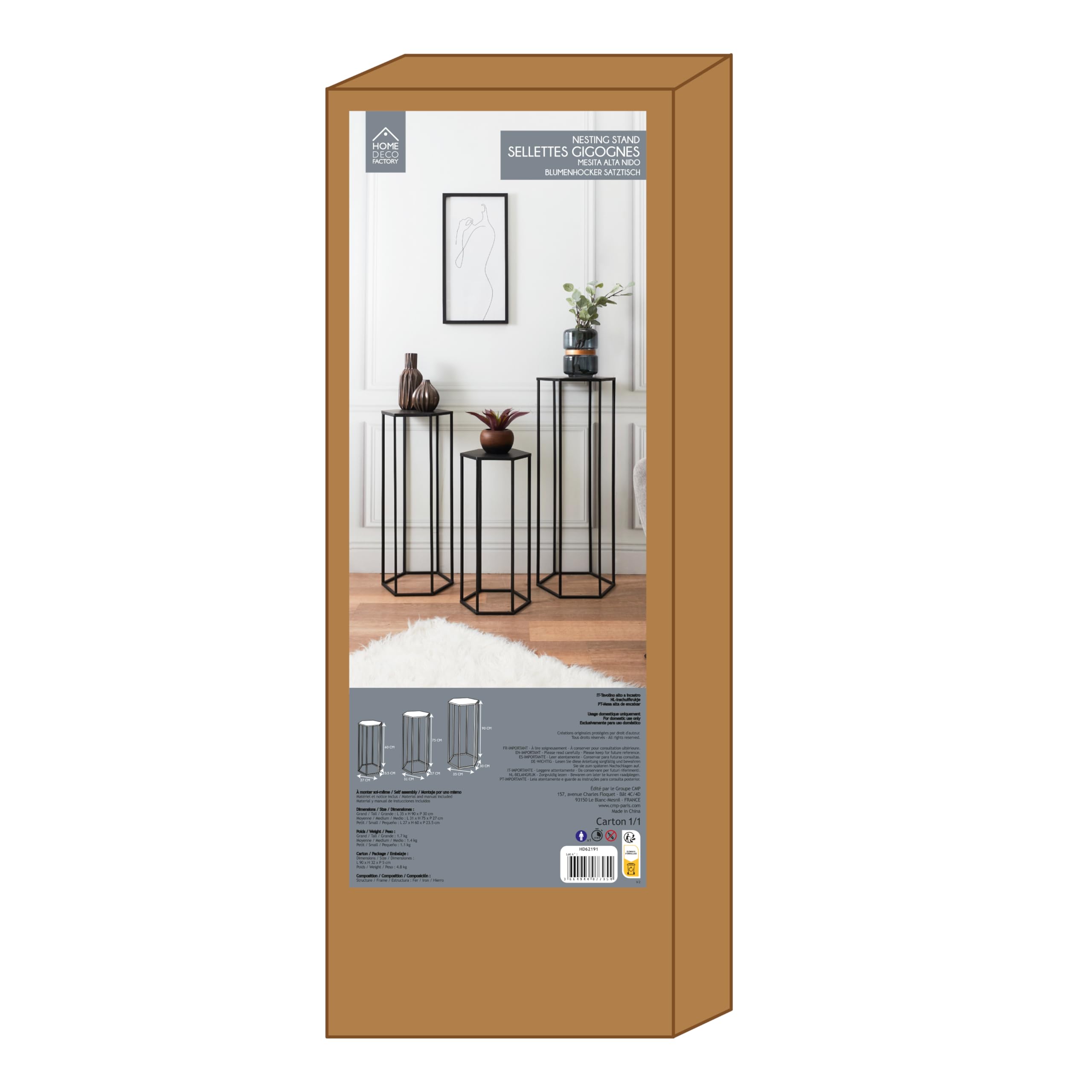 HOME DECO FACTORY - HD62191 Lot de 3 Tables Gigognes en Métal Noir - Design Contemporain - Conçu pour Plantes et Décoration - Dimensions 90 x 35 x 30 cm - 75 x 30 x 26 cm - 60 x 25 x 22 cm | Métal, lot de 3 tables gigognes, design contemporain, supports p
