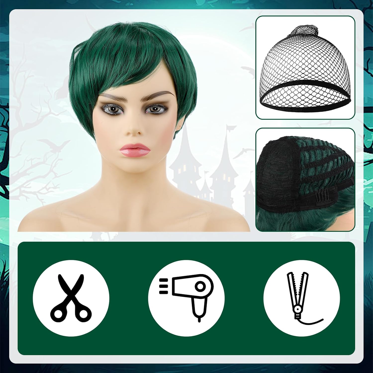 Mepase 4 Pcs Halloween Men's Beast Costume Set Cosplay Accessories Include Gloves Belt Green Elf Ears Wig for Halloween Cosplay Men