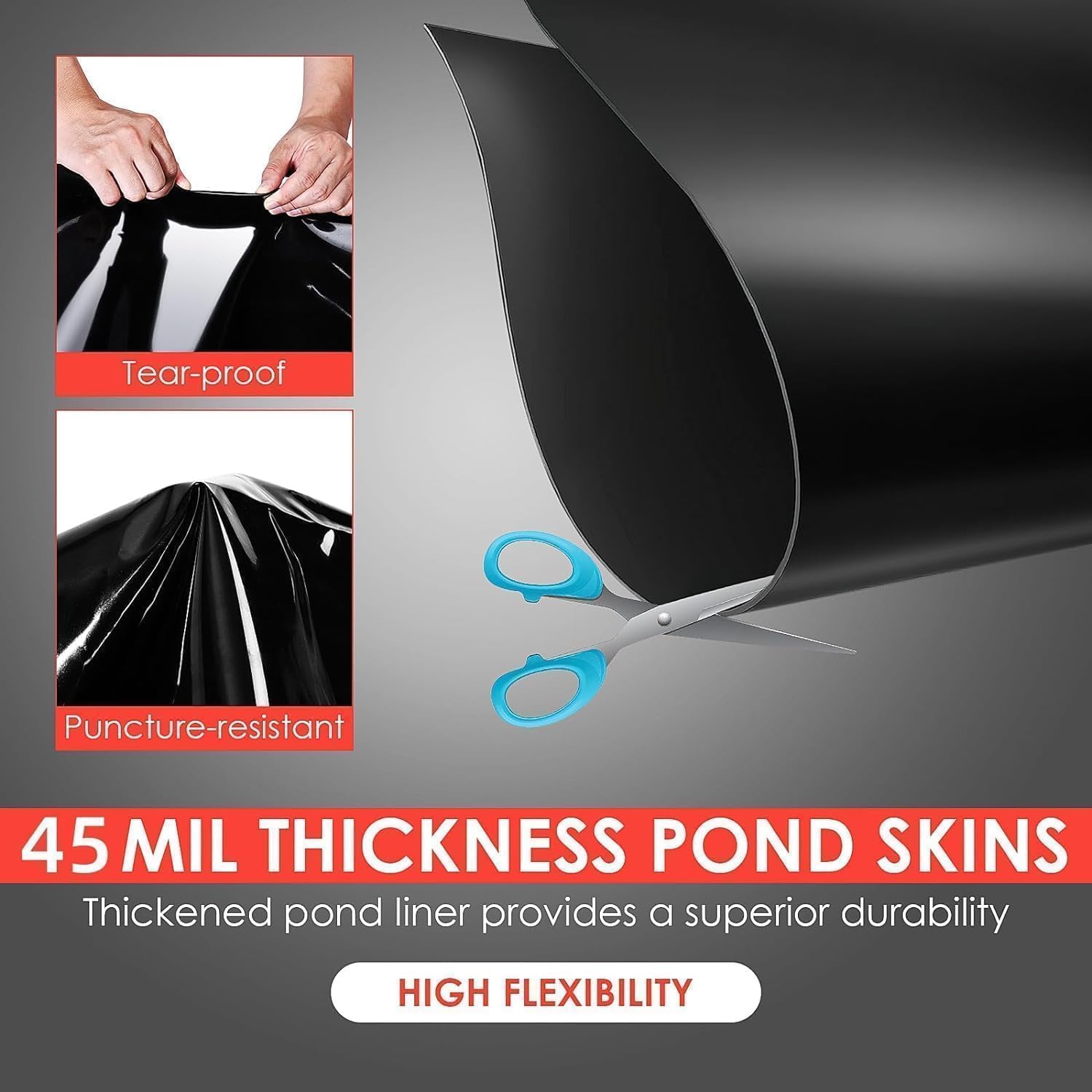 EPDM-Teichfolie, 4,57x6,09m EPDM-Teichbahn, schwarze Folie 1,14mm stark, flexible Teichfolie, Baufolie extra stark, Pool-Unterlage, Teichauskleidung, langlebig und einfach zu schneiden, für Fisch- ode