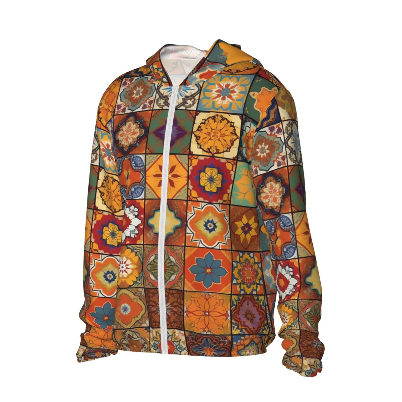 UPF 50+ Light Jacket Full Zip Sun Protection Hoodie for Women Men Long Sleeve Group of Moroccan Geometric Sun Shirts Black