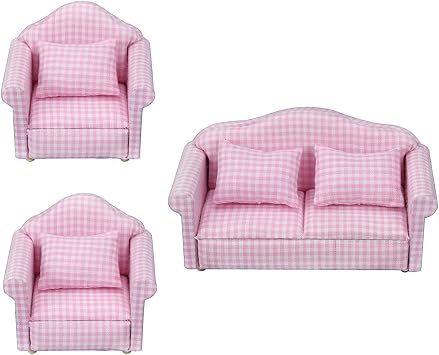 Wooden Doll House Furniture Love Seat and Single Sofa Set with Detachable Pillow for 1/12 Scale Displaying Sofa with Pillow