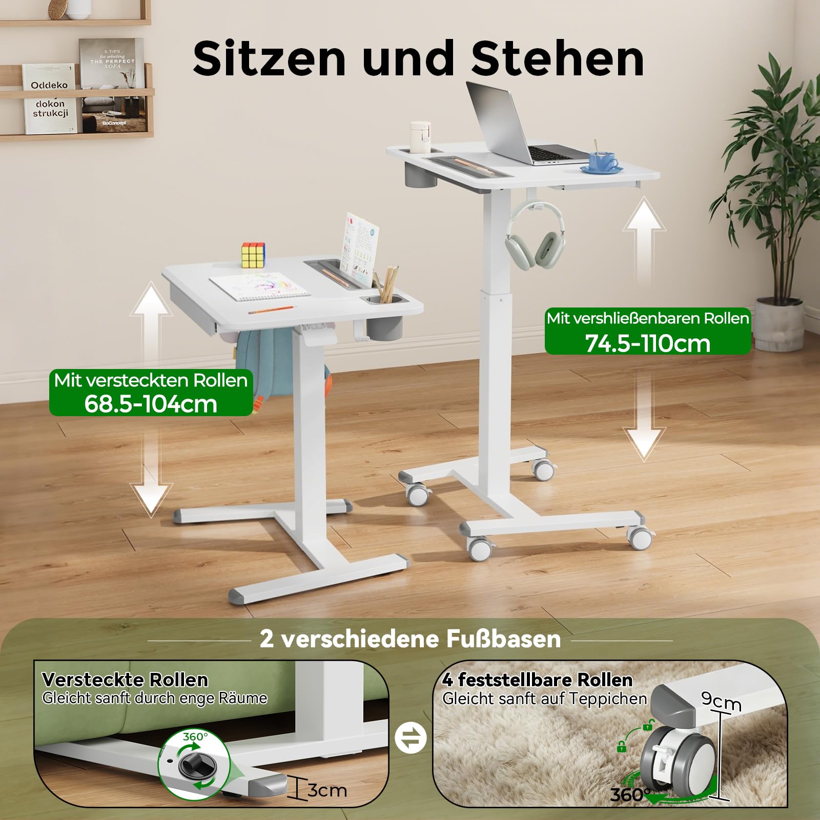 Gibbon Mounts 70x50cm höhenverstellbarer Schreibtisch mit Schublade, Rollen | Weiß Mobiler Laptoptisch mit Handyfach, Halter & Haken, 3cm flacher Sockel für enge Lücken, 4 bremsbare Räder als Ersatz inkl