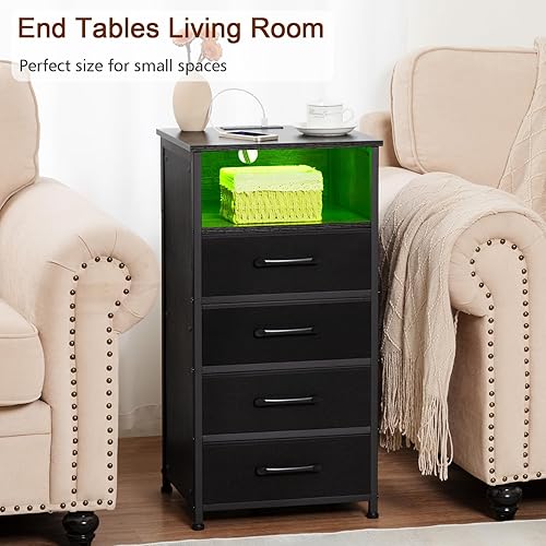 Miniatura 7 de Juego de 2 mesitas de noche negras con estación de carga, mesas auxiliares con 3 cajones de tela, mesita de noche con puerto USB tipo C y tomas de