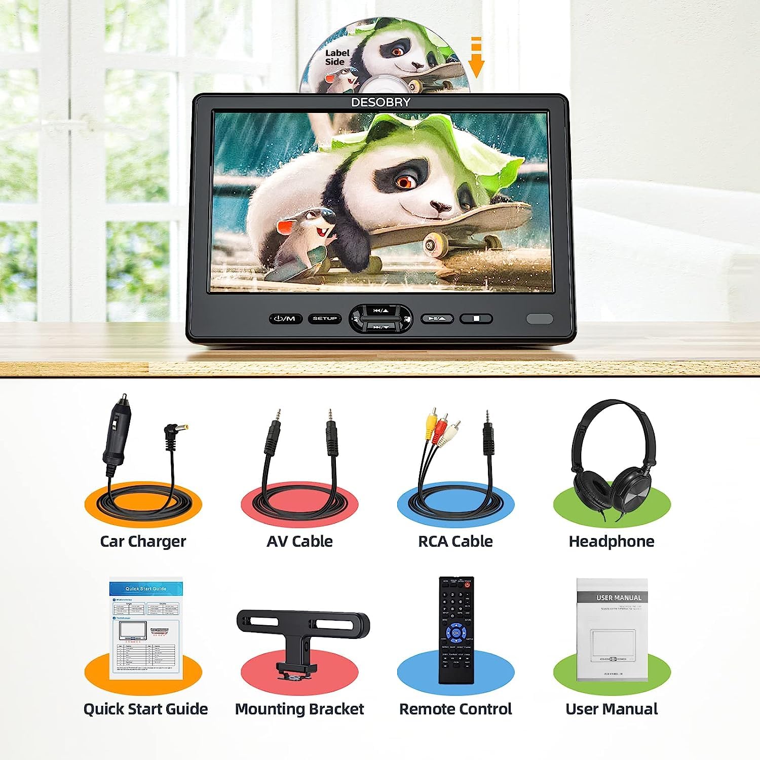 DESOBRY Lettore DVD per auto da 10,5 pollici con supporto per poggiatesta, lettore DVD portatile per auto con cuffie, ingresso disco a ventosa, supporto video 1080P