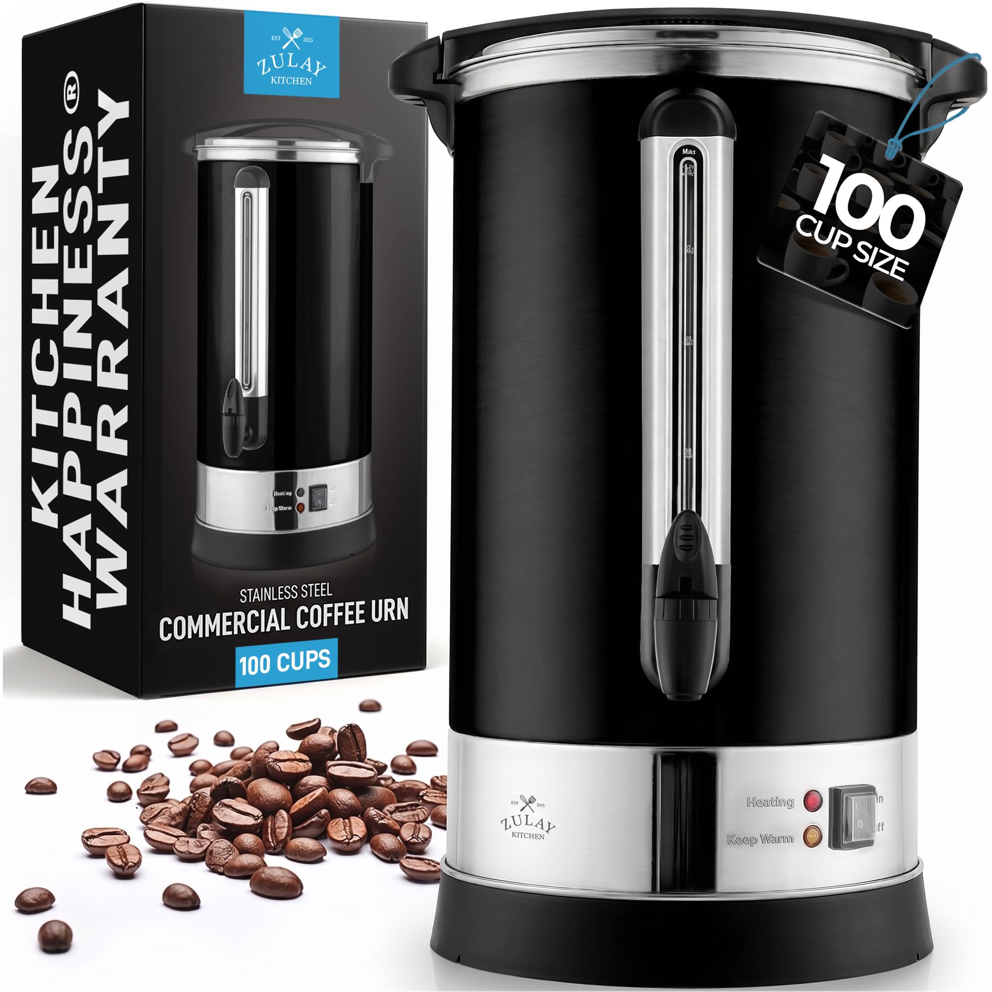 Zulay Kitchen Urna da caffè commerciale premium - Dispenser di caffè grande in acciaio inox per preparazione rapida - Dispenser automatico di acqua calda Nero 100 tazza