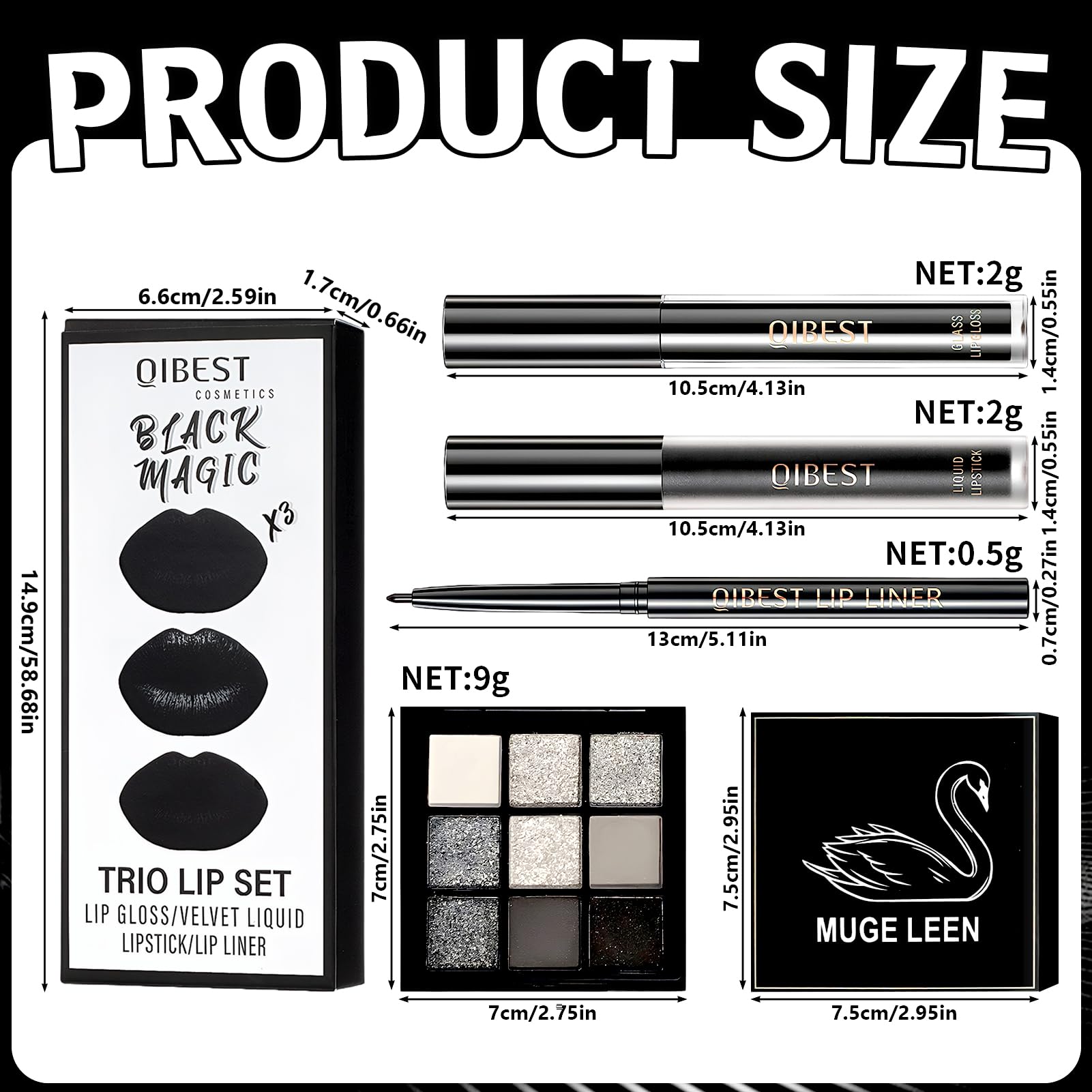 Set de Maquillaje Gótico, Negro Líquido Pintalabios con Delineador y Brillo, Paleta de Sombras de Ojos Ahumadas 9 Colores, Impermeable y de Larga Duración, para Carnaval Halloween