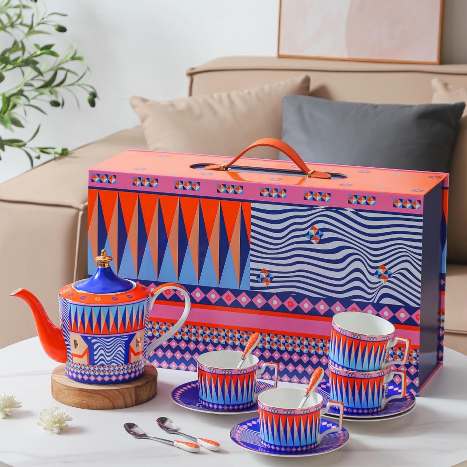 Taza de café de porcelana china creativa y personalizada, taza y platillo de cerámica para té de la tarde en casa, 1 olla, 4 tazas, 4 platillos, 4 cucharas, Knight Voyage, juego de caja