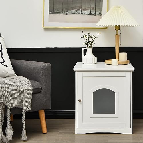 Miniatura 4 de Tangkula Caja de arena para gatos, mesa auxiliar decorativa para gatos con puerta magnética y ventana cruzada, mesita de noche interior, casa de