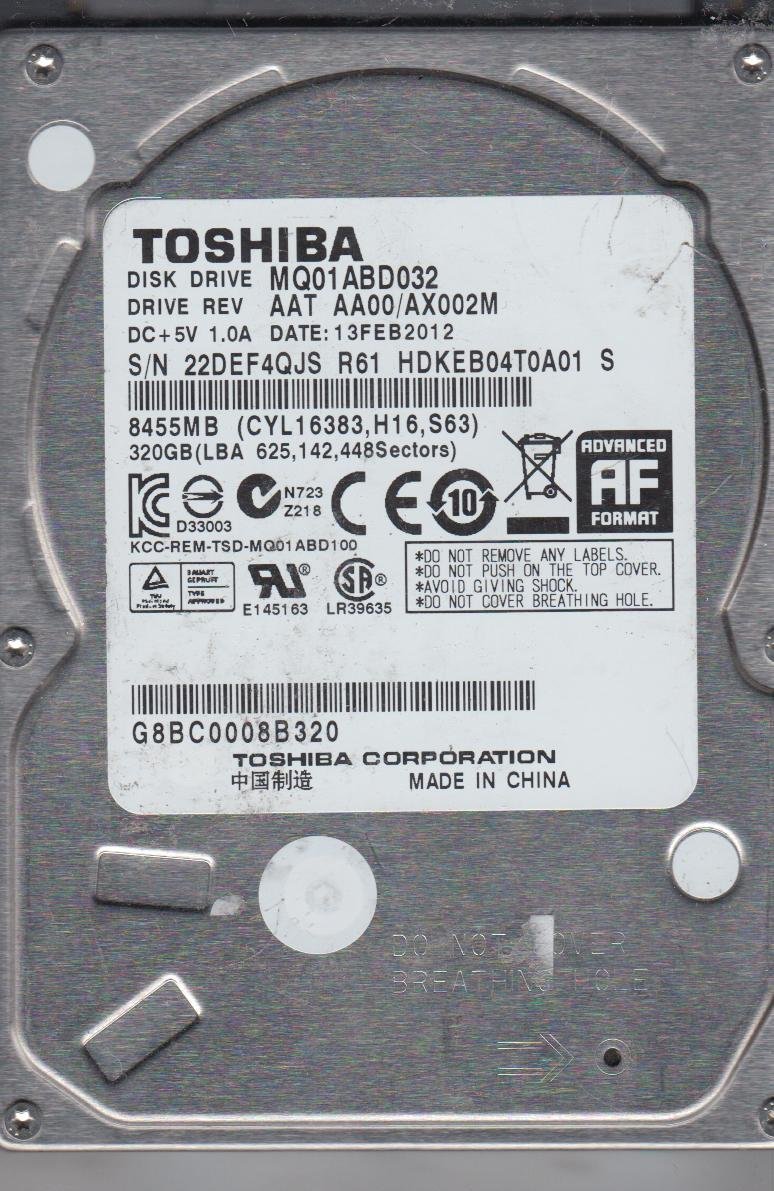 Toshiba MQ01ABD032, AA00/AX002M, HDKEB04T0A01 S, 320GB SATA 2.5 Disco Duro
