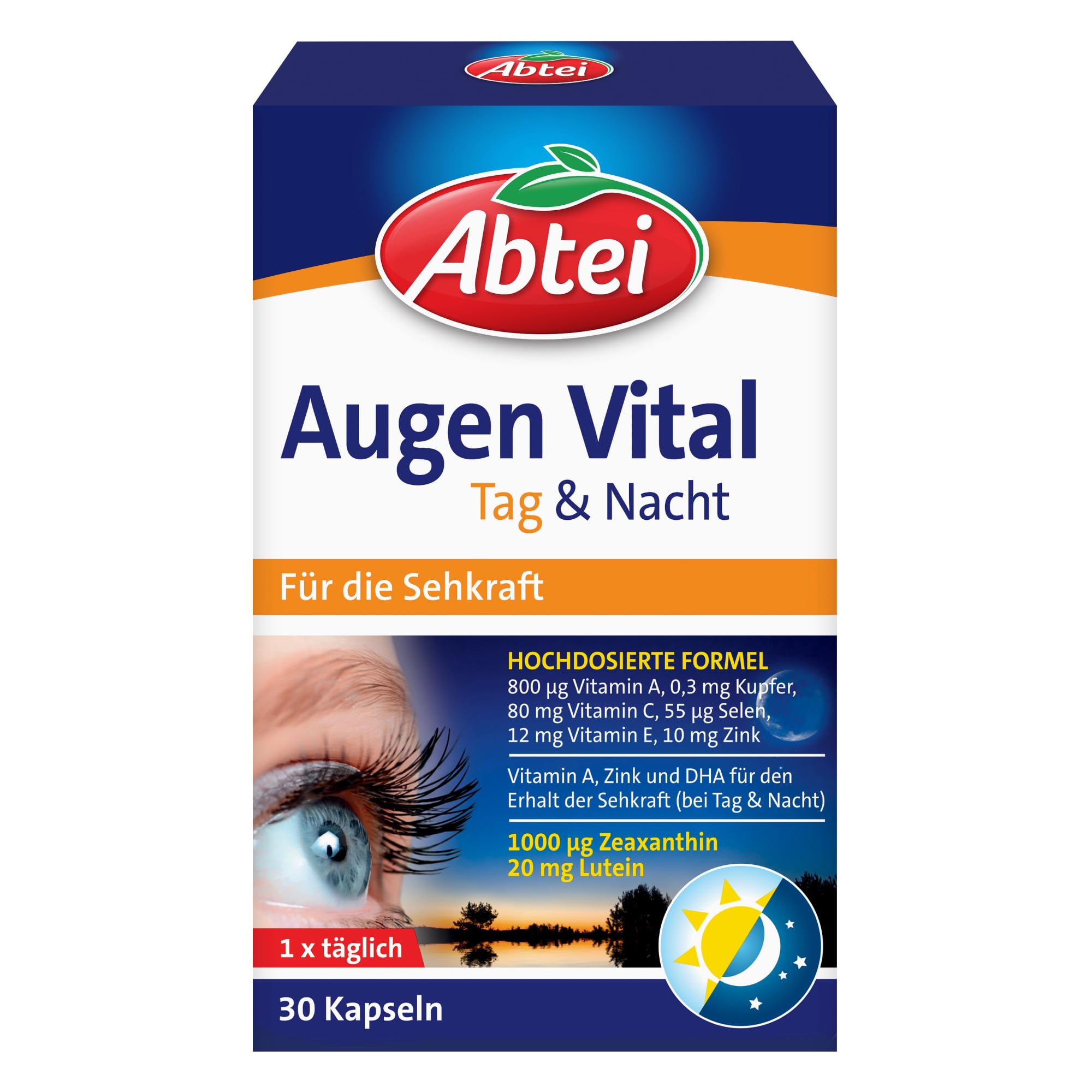Abtei Eye Vital Capsules day and night, for eyesight and cell protection, 30 capsules, 1 pack