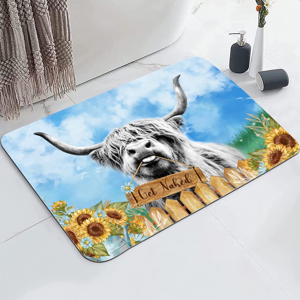 Bathroom Rug,Absorbent Non-Slip Indoor Rugs for Bathtub and Shower Floor,Durable Rubber Backing Print Bath Mat,17"x24",Get Naked Farmhouse Highland Cow Funny Western Sunflower Blue Sky