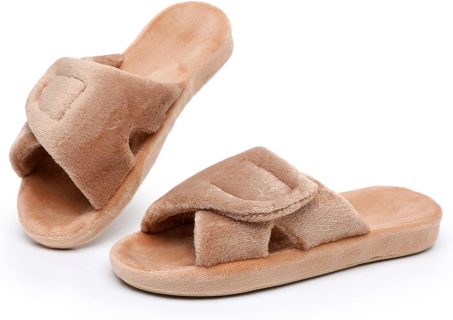 Git-up Women's Adjustable Diabetic Slippers Memory Foam House Shoes Cozy Arch Support Orthotic Heel Cup Arthritis Edema Slippers Non Slip Rubber Sole, Open Toe Fuzzy Slide Sandals for Ladies