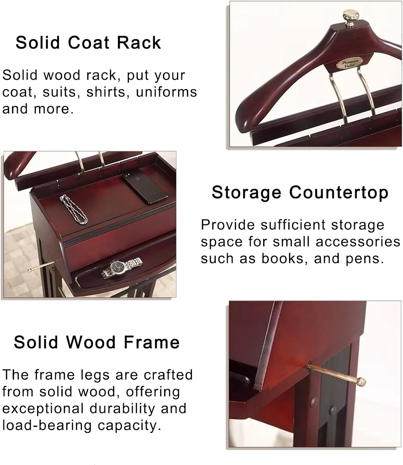 Solid Wood Suit Valet Stand Freestanding Clothes Rack for Bedroom Entryway Living Room Hotel Office