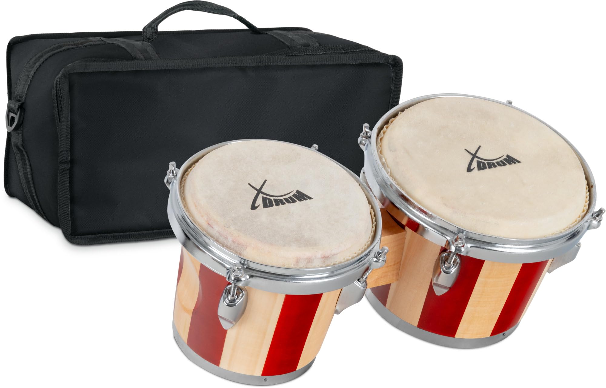 XDrum Bongós Retro: 2 tambores de 16,5 cm y 19 cm con parches naturales afinables, llave de afinación y bolsa. Tambores de madera natural con franjas rojas.