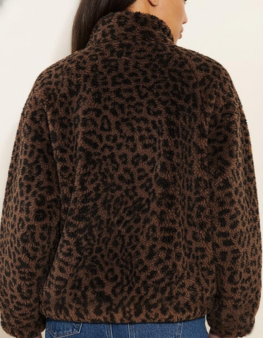 Women's Oversized Leopard Print Sherpa Jacket Half-Zip Plush Fleece Pullover Outerwear with Pockets