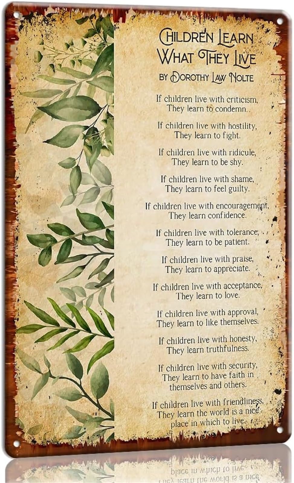 MQXFCZUX Parenting Poem Metal Sign Learn What They Live Wall Hanging for Living Room Nursery Playroom Gift 8 X 12 in
