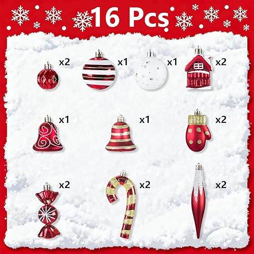 Miniatura 2 de Adornos de Navidad, juego de 16 adornos de Navidad rojos y blancos con cuerdas para colgar, ideal para decoraciones de árbol de Navidad y detalles