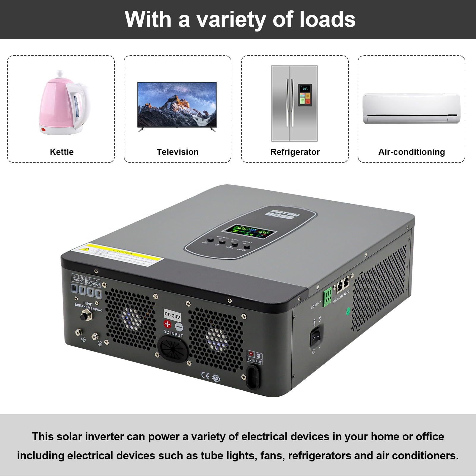 DATOUBOSS 3000W Inverter ibrido sinusoidale puro da 24V DC a 230V AC con regolatore di carica solare MPPT da 80A per batterie al piombo e al litio
