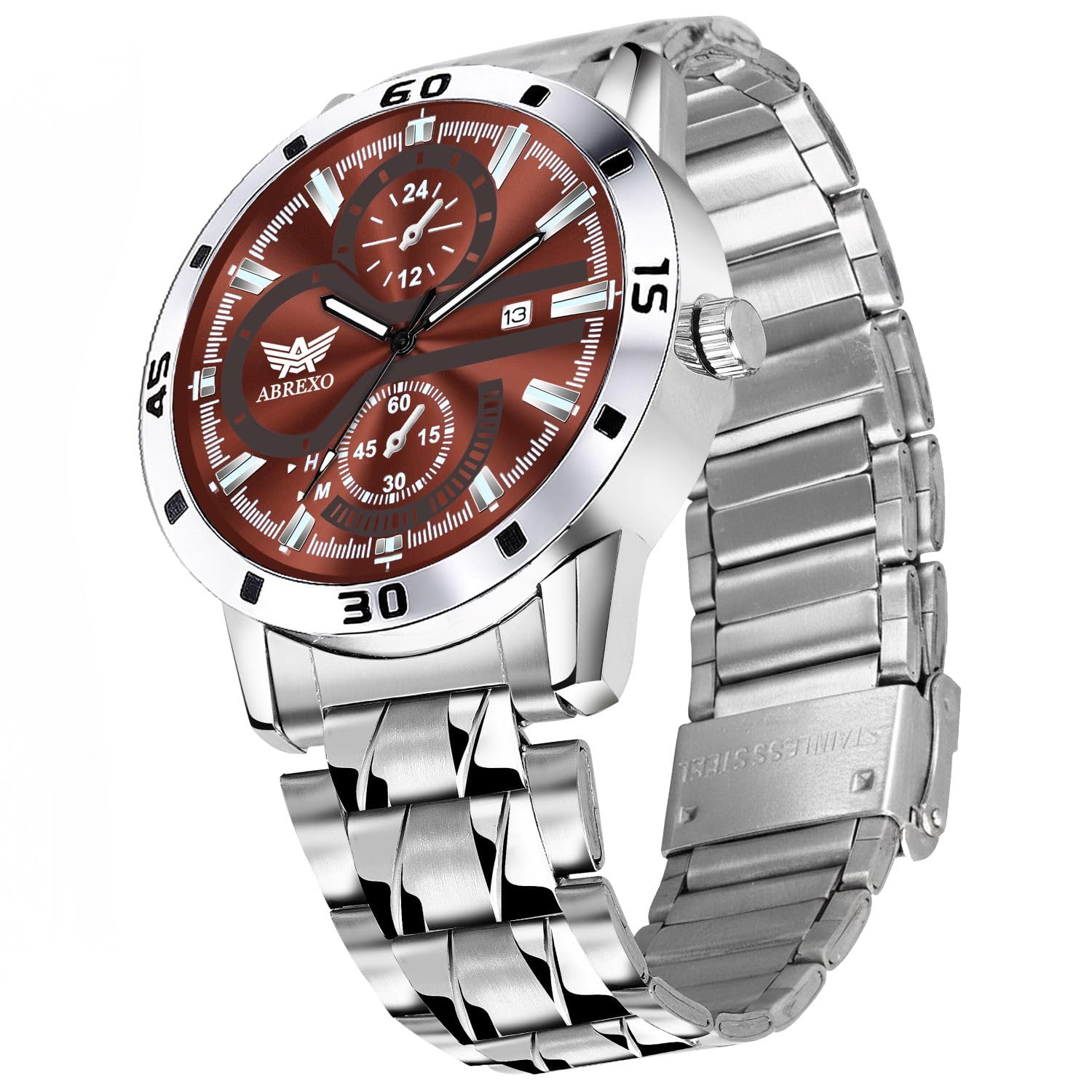 abrexo Abx4021-Chronograph Look Brown Dial Date Working Silver Stainless Steel Quartz Mechanism Watch for Men-picture-10