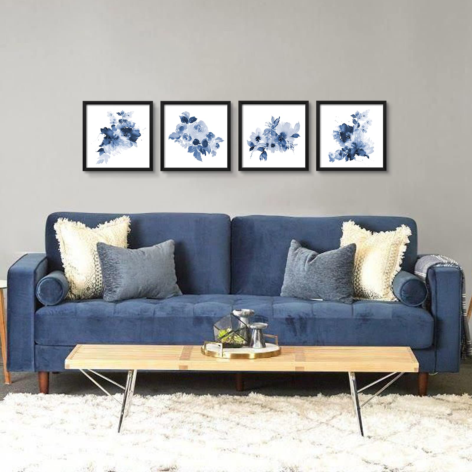 ArtbyHannah 4 Pack 10x10 Blue Wall Art Framed with Black Frame and Floral Print for Bathroom or Home Decoration