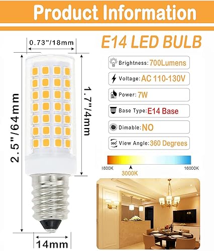 Miniatura 2 de Lamsky Bombilla LED E14 luz diurna blanca 6000 K 120 V, base europea E14 para bombillas de campana extractora, bombilla de refrigerador, bombilla