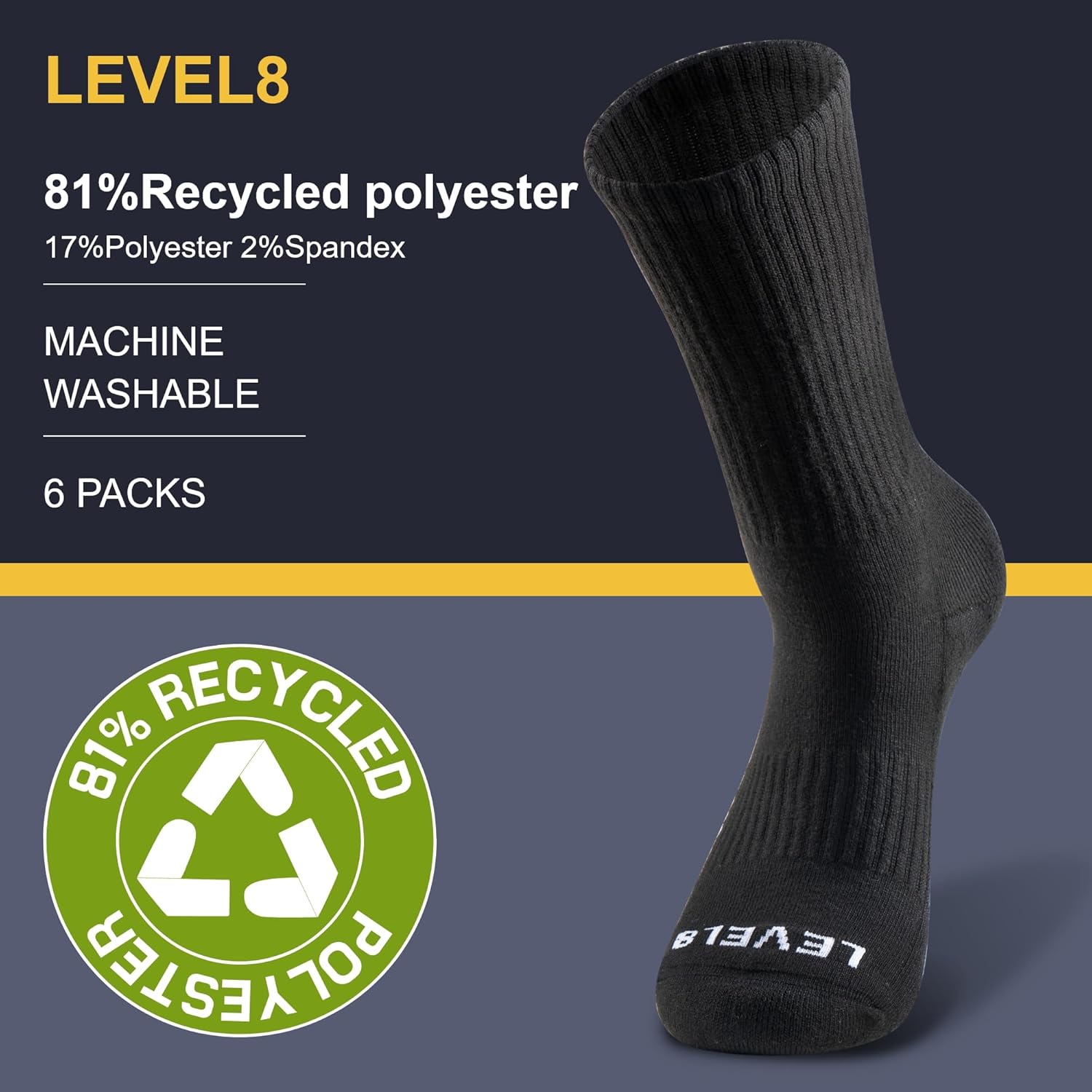 LEVEL8 Mens Work Crew Socks, Comfy Mid Calf Dress Socks, Moisture Wicking, Running and Exercise, 6 Pairs - Image 3