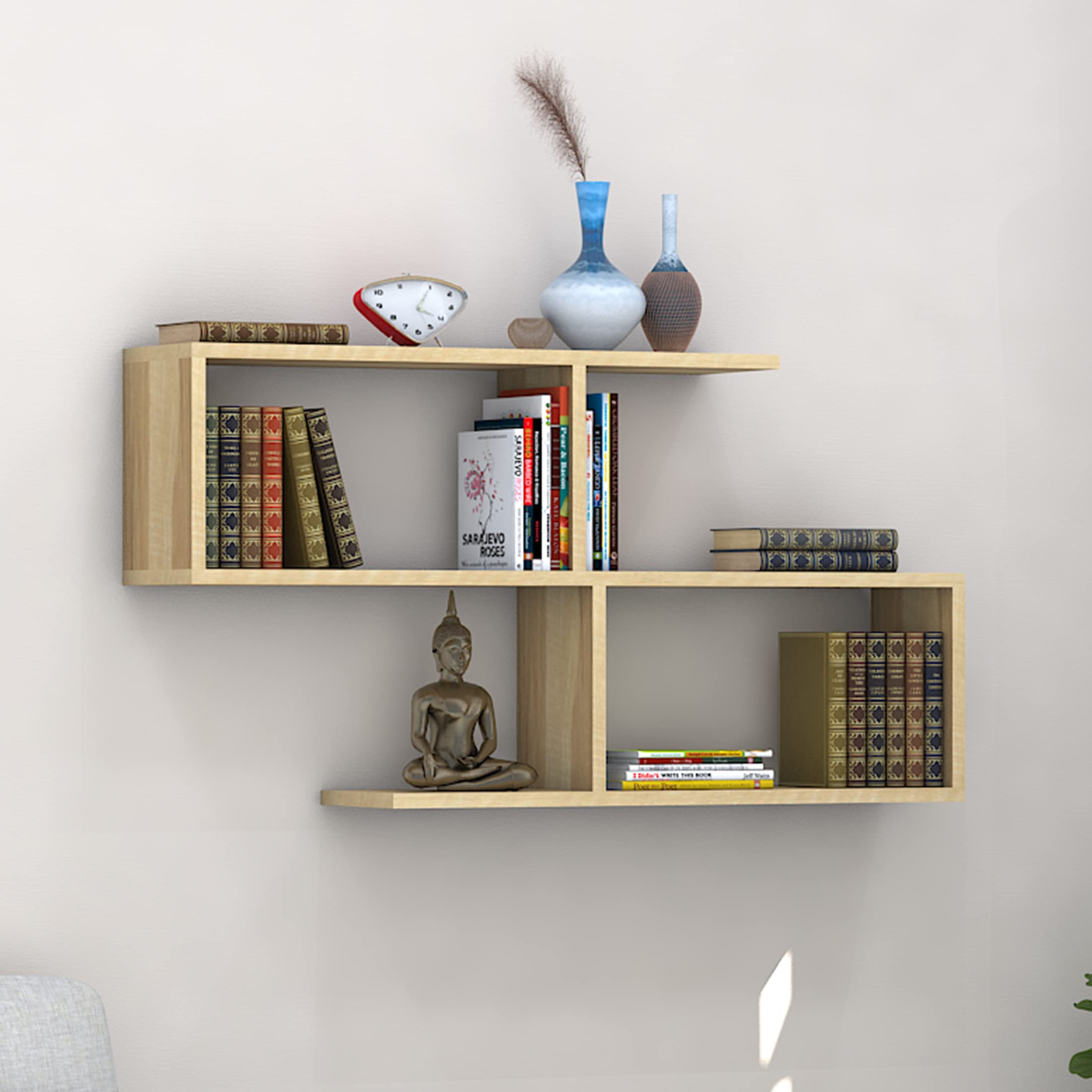 Klaxon Engineered Wood Matt Finish S Shaped Book Shelf, Modern Display Unit for Home Library, Floating Wall Shelf for Living Room, Bedroom, Office, Home Decore DIY Storage Organizer (Chequered Light) (B0B63YCF1X) Amazon Price History, Amazon Price Tracker