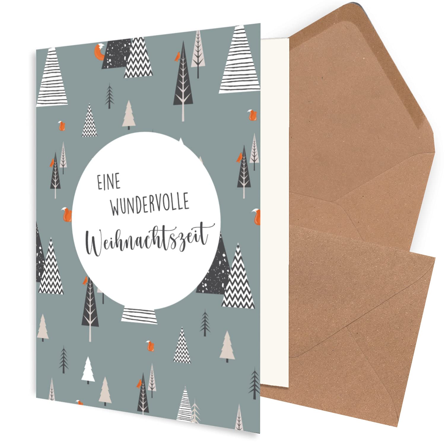 Juego de 75 tarjetas de Navidad sostenibles DIN A6 en azul con árboles de Navidad y texto – Tarjetas plegables con sobres DIN C6 en papel de estraza rosa – saludos de Navidad para empresas y privadas
