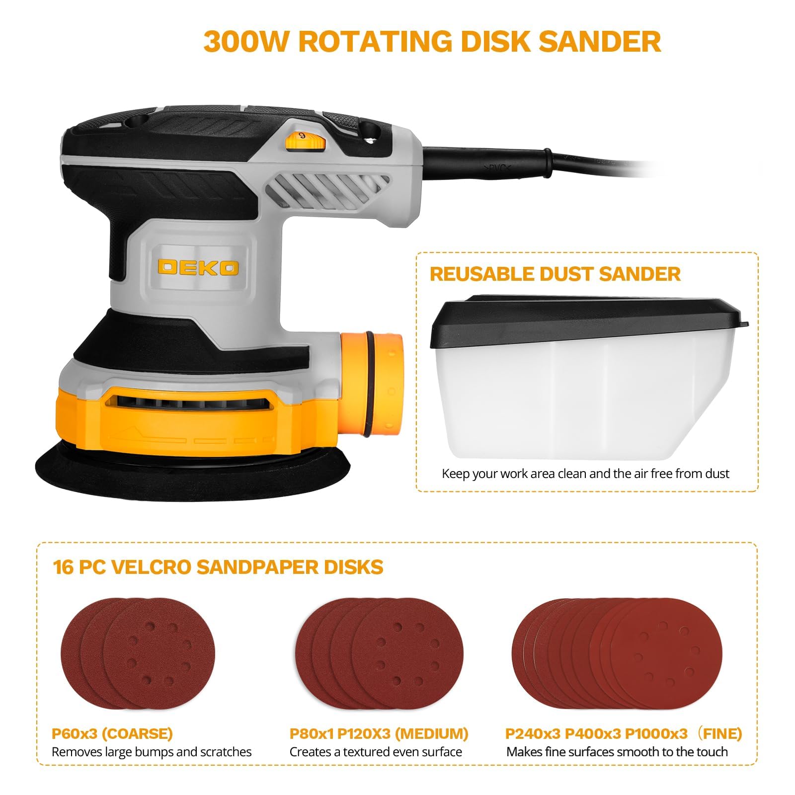 DEKOPRO Orbital Sander - 6 Speed, Dust Box -3