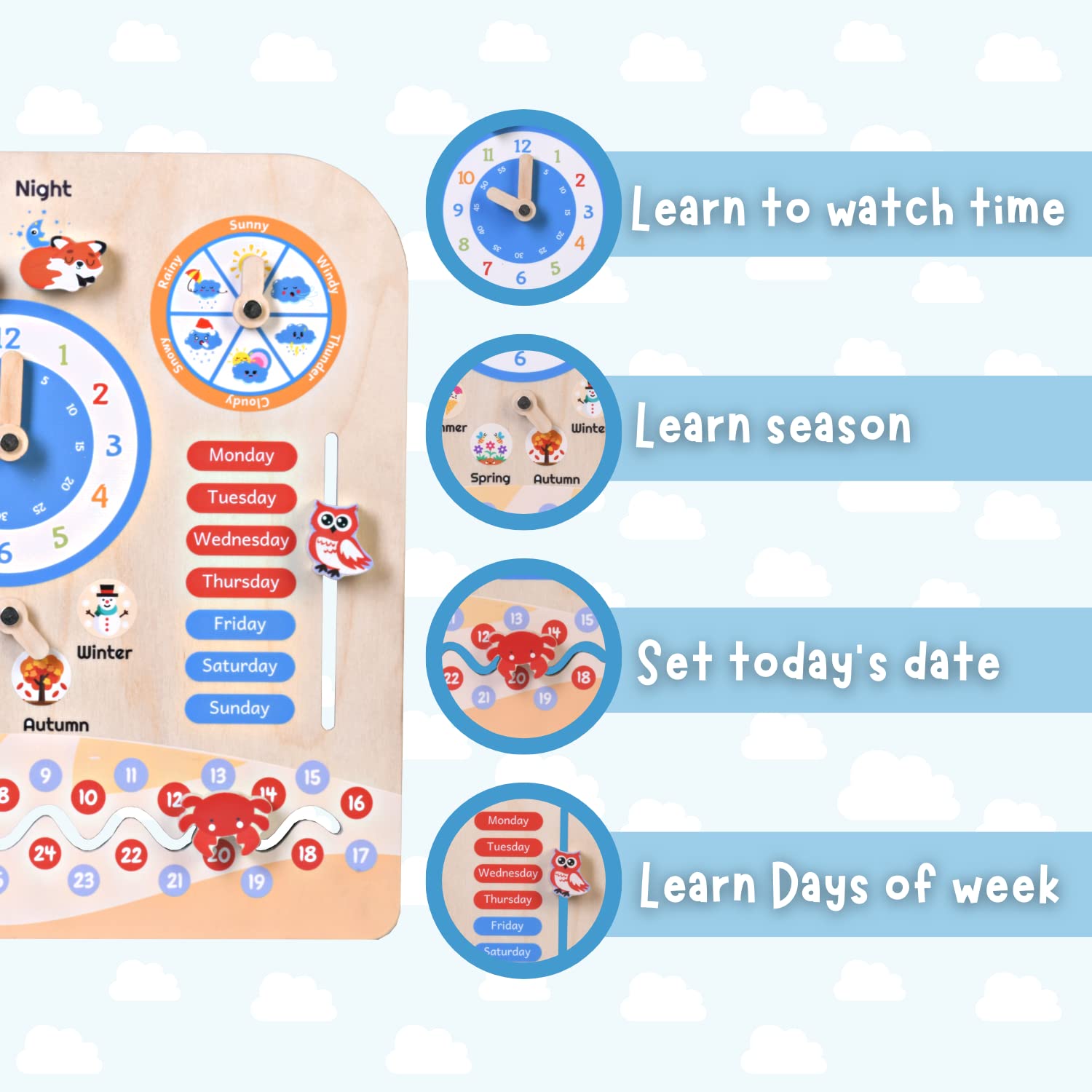 The Funny Mind Birch Wooden Activity Teaching Clock and Calendar for Kids 7 in 1 Learning Toy for Dates, Days, Months, Weather, and Time Recognition with Cute Animal Shaped and Moveable Hands Clock - Image 3 thumbnail