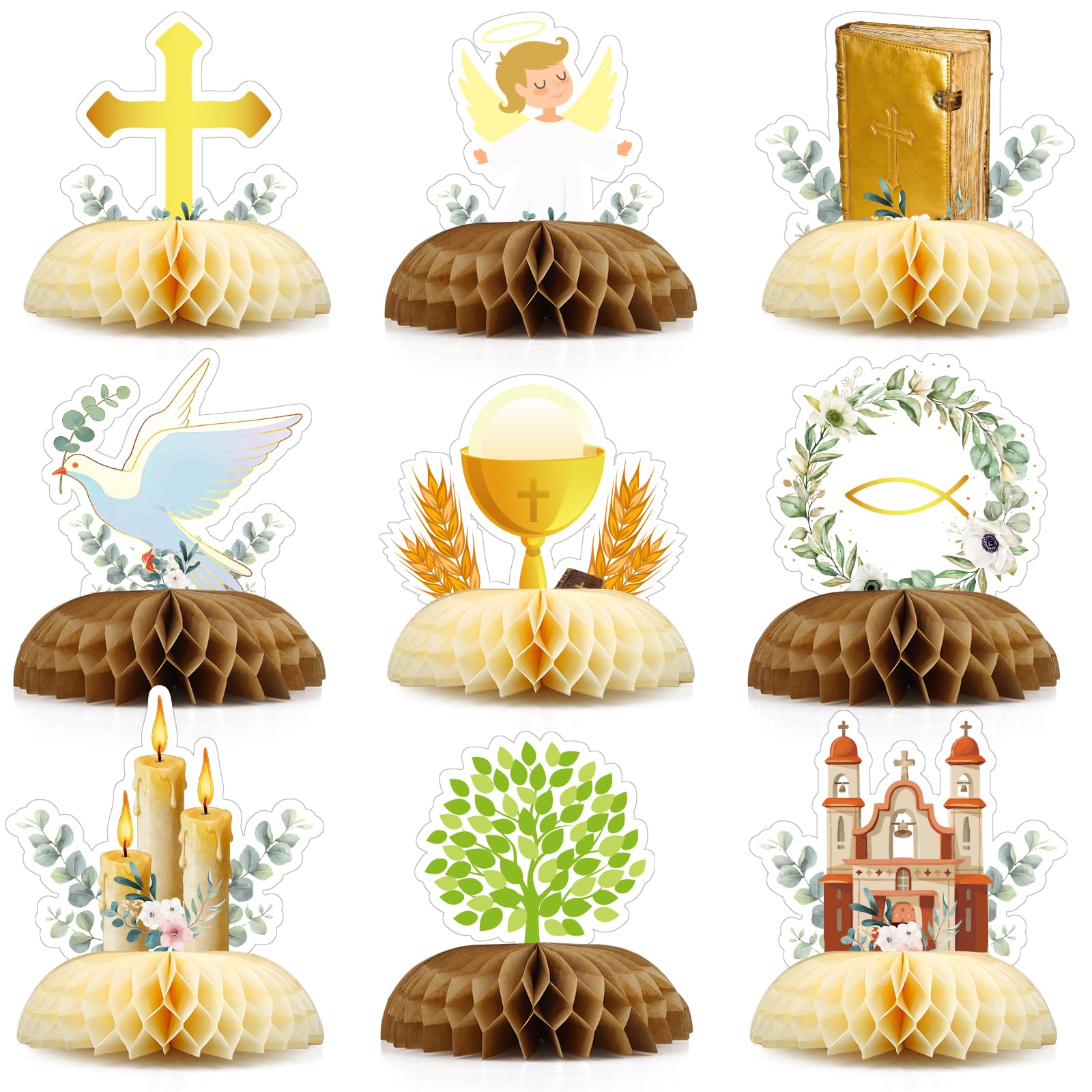 Lot 9 Centrotavola Nido d'Ape per Battesimo e Comunione - Decorazioni Tavolo con Croce e Colomba - Addobbo Florence per Bomboniere e Segnaposto - Decorazione Religiosa per Cerimonie