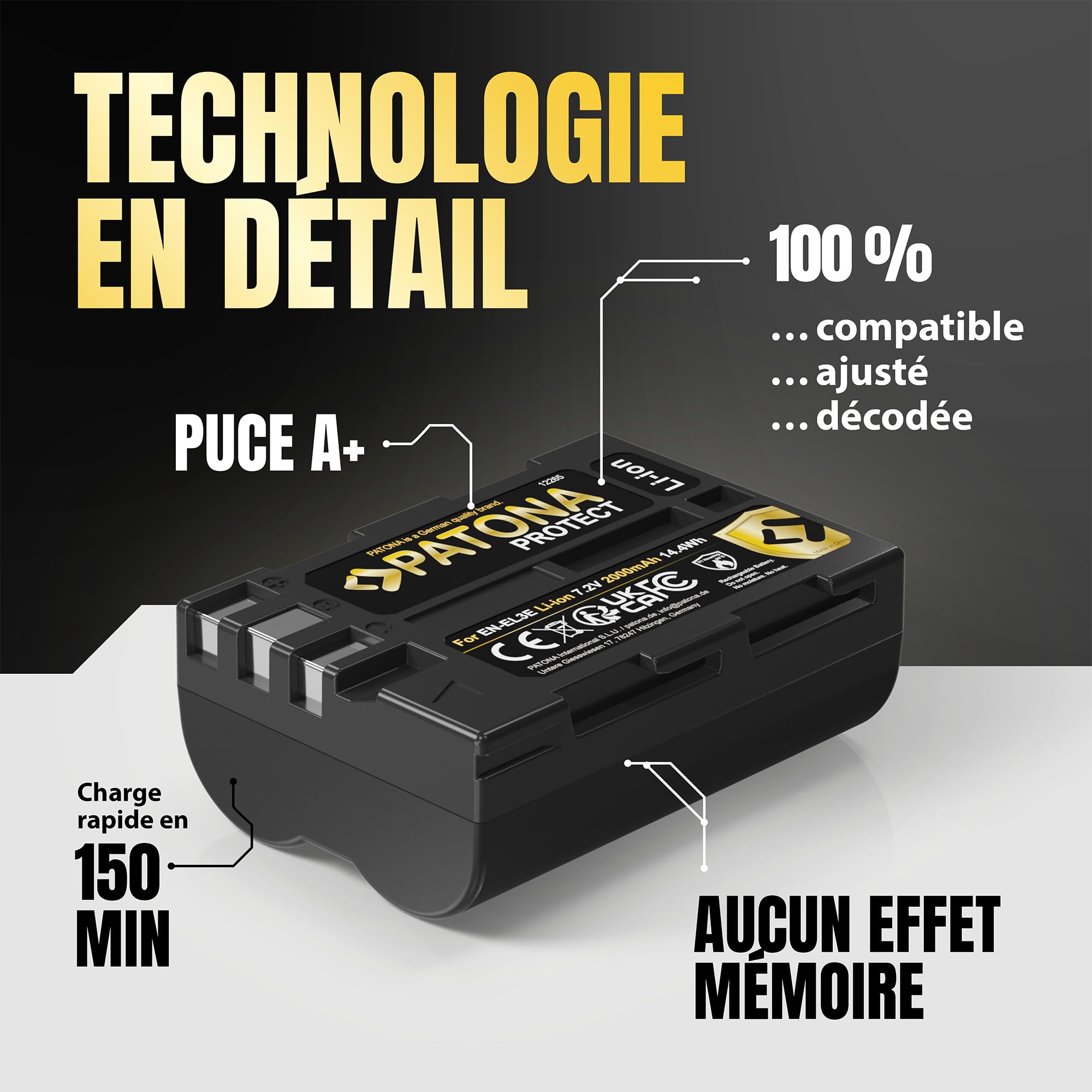 PATONA 2X Protect Batterie pour Nikon EN-EL3E ENEL3E 2000mAh