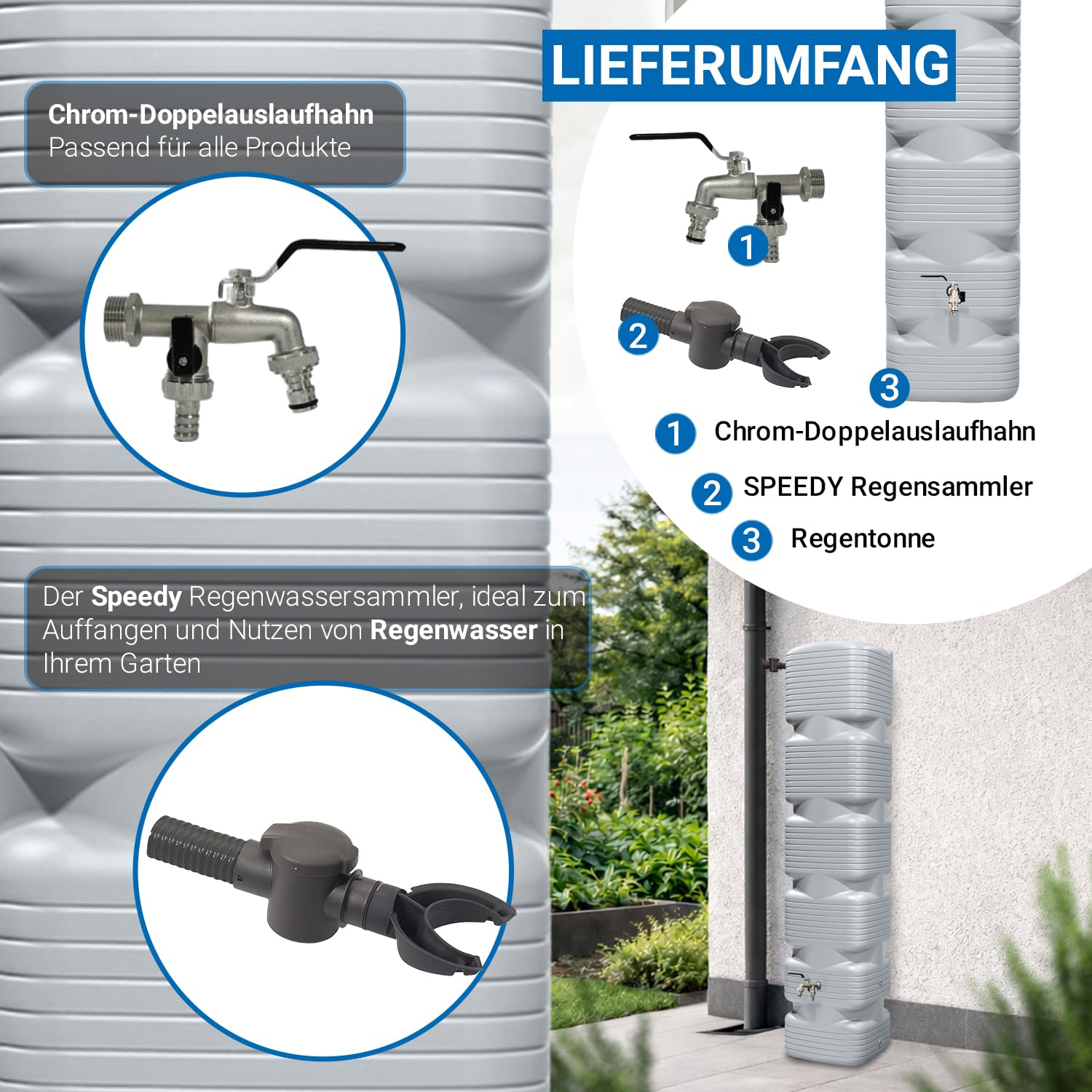 4rain Quadro Regentonne Wandtank Komplett-Set 270 Liter betongrau | inkl. Chrom-Doppelauslaufhahn und Fallrohranschluss, Regenwassernutzung, robustes Material, praktische Lösung