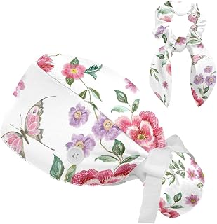 FVQL Set of 2 Bouffant Caps with Hairband Surgical Caps Scrub Cap, Butterflies and Flower Leaf